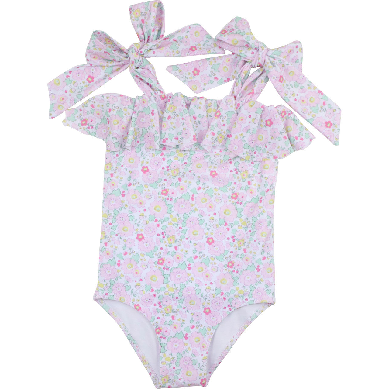 Pink And Green Floral Shoulder Tie Lycra Swimsuit