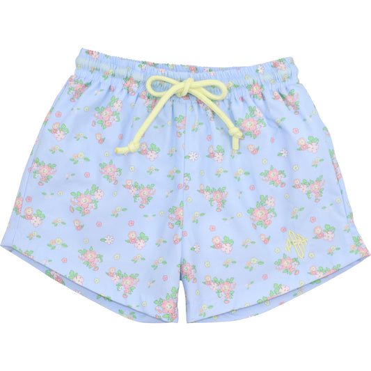 Blue And Yellow Floral Bouquet Swim Trunks