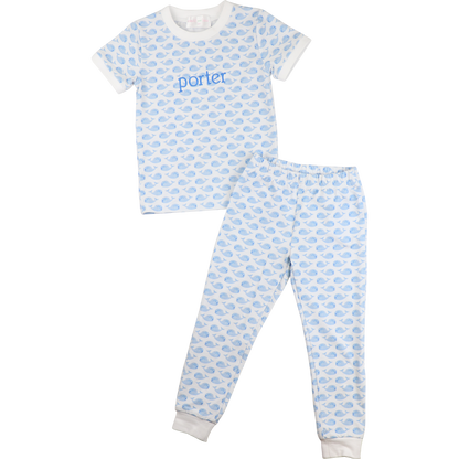 Blue And White Whale Print Knit Pajamas