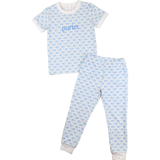 Blue And White Whale Print Knit Pajamas