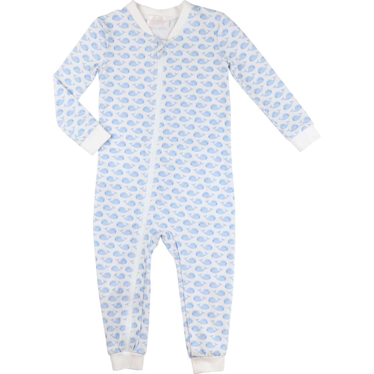 Blue And White Whale Print Knit Zipper Pajamas