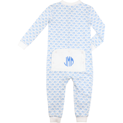 Blue And White Whale Print Knit Zipper Pajamas