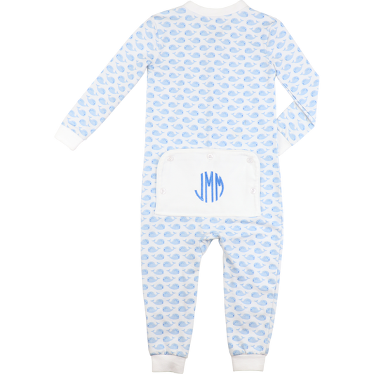 Blue And White Whale Print Knit Zipper Pajamas