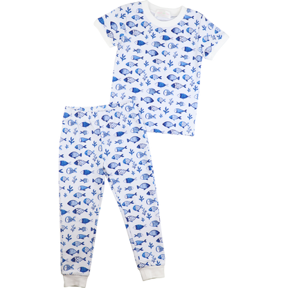 Navy And White Fish Print Knit Pajamas