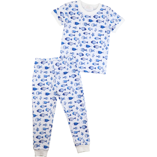 Navy And White Fish Print Knit Pajamas