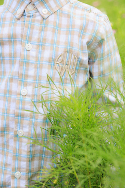 Khaki And Blue Plaid Button Down Shirt