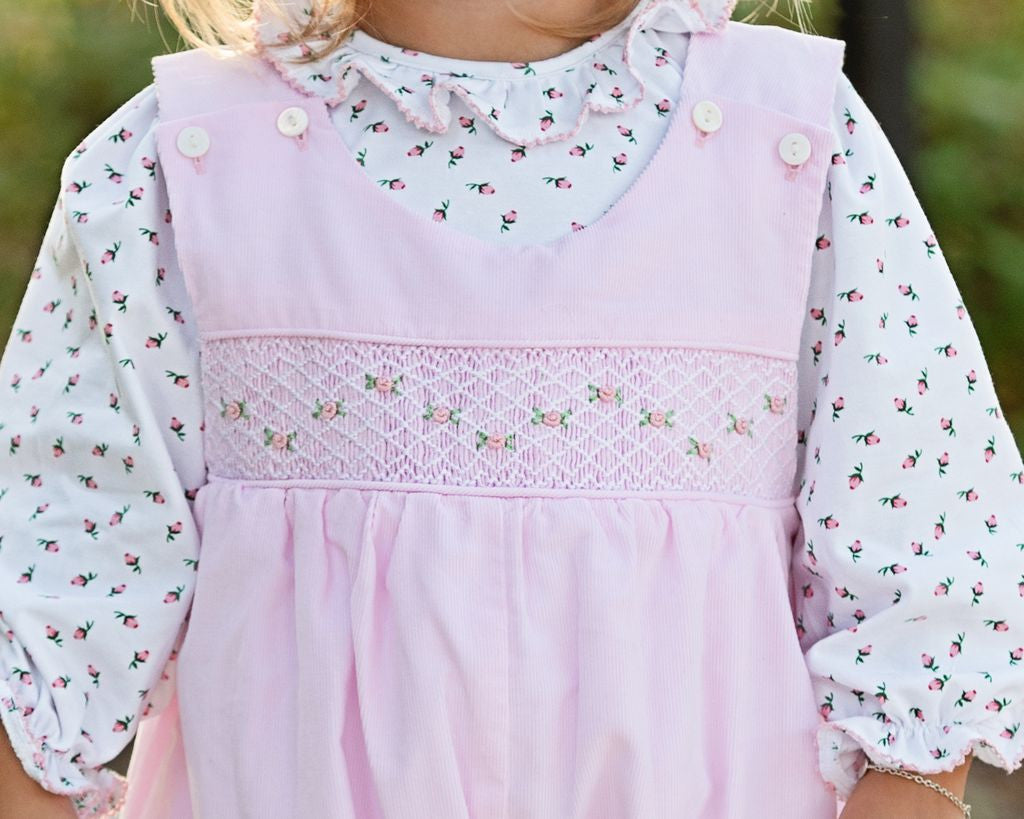 Pink Corduroy Smocked Rosebud Long Bubble Set