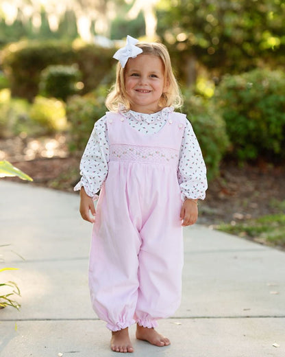 Pink Corduroy Smocked Rosebud Long Bubble Set