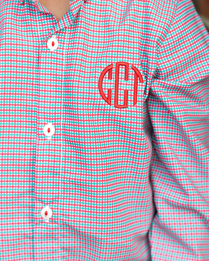 Green And Red Micro Check Button Down Polo