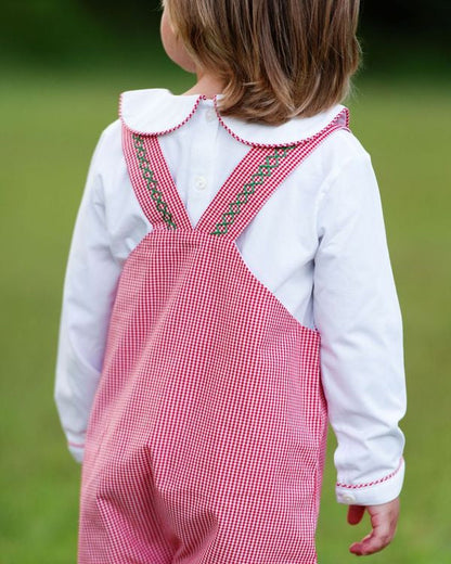 Red Gingham Embroidered Long Romper Set