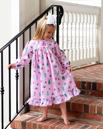 Pink Holiday Print Eyelet Night Gown