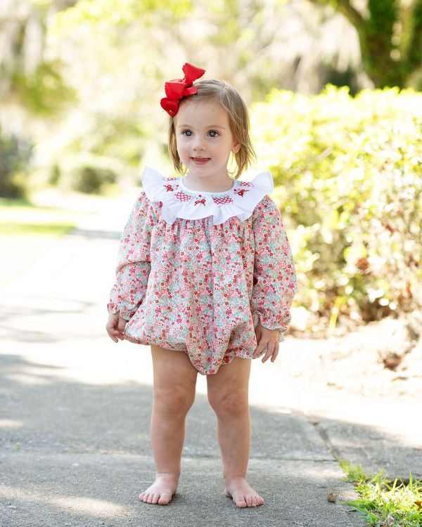 Red And Pink Floral Smocked Ruffled Collar Bubble