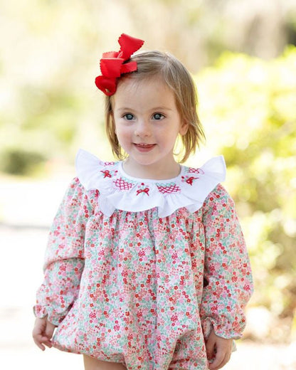 Red And Pink Floral Smocked Ruffled Collar Bubble