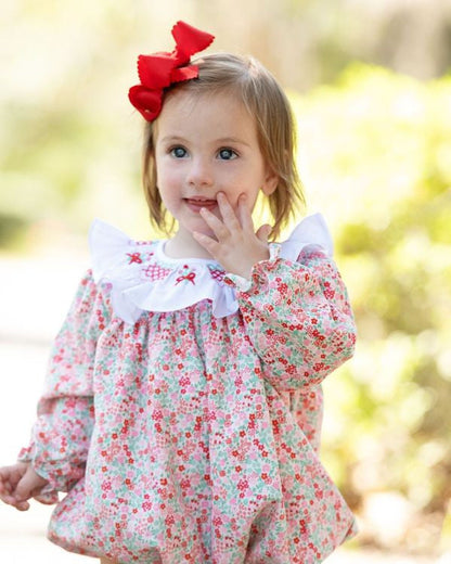 Red And Pink Floral Smocked Ruffled Collar Bubble