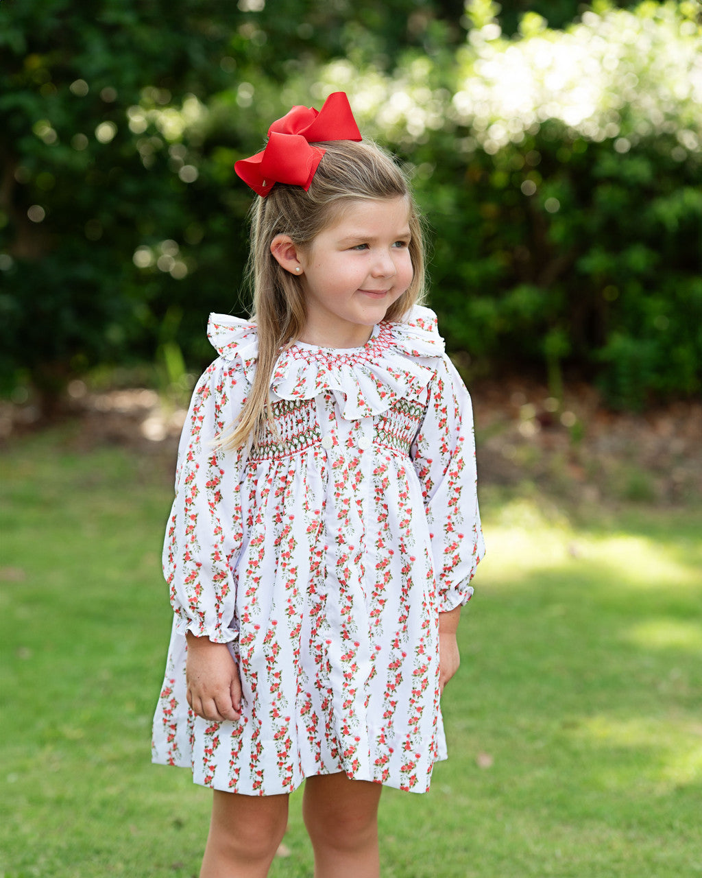 Red And Green Smocked Rosebud Dress