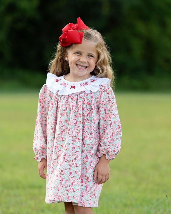 Red And Pink Floral Smocked Ruffled Collar Dress