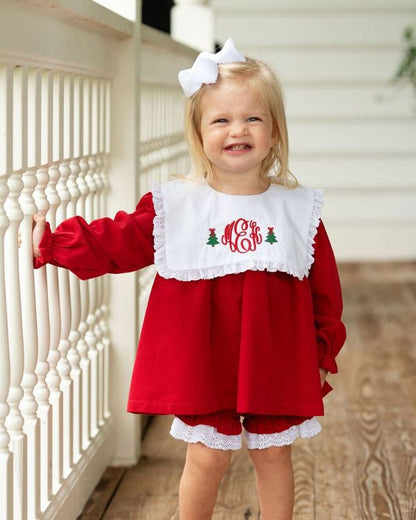 Red Corduroy Square Collar Bloomer Set