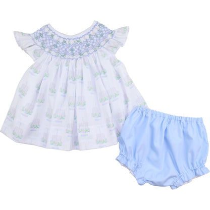 Blue Smocked Birthday Cake Diaper Set