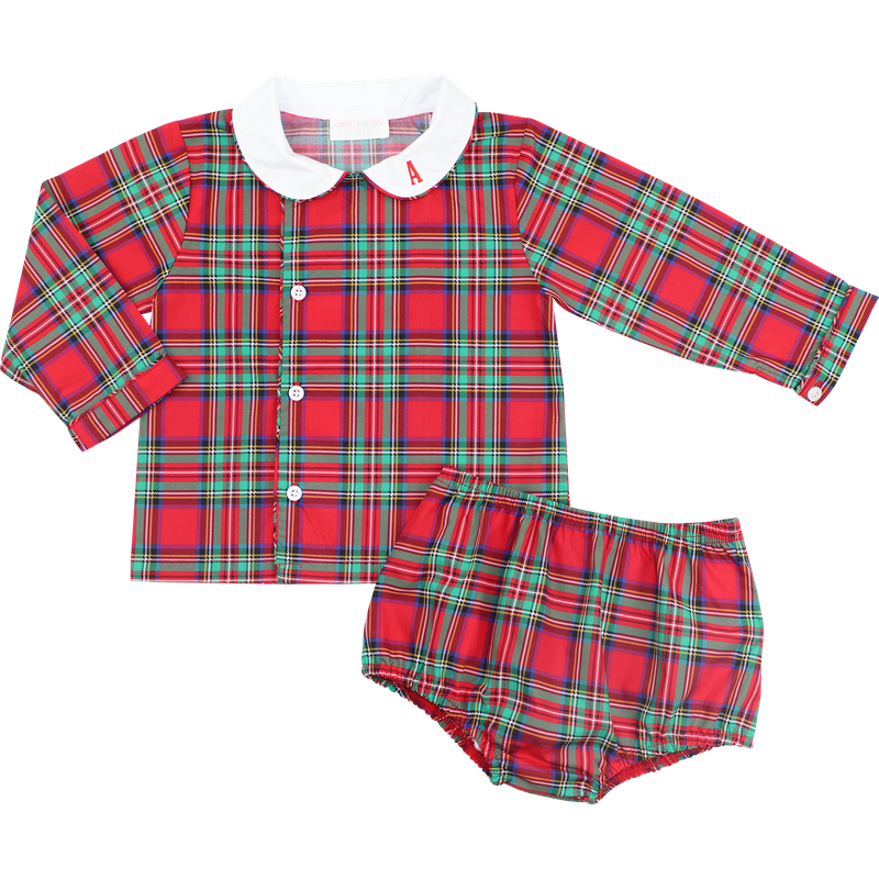 Red And Green Plaid Side Button Diaper Set