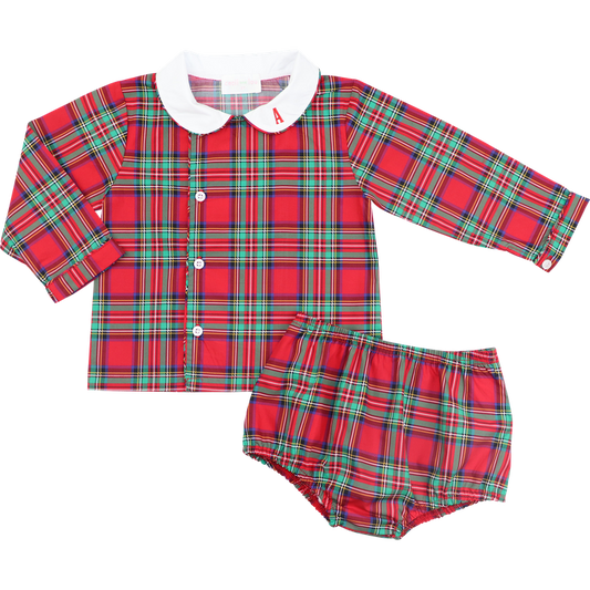 Red And Green Plaid Side Button Diaper Set