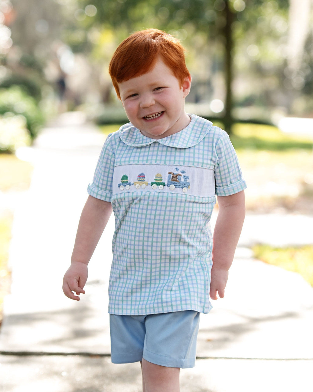 Blue And Mint Windowpane Smocked Easter Train Short Set