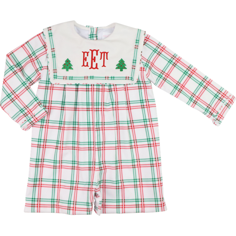 Plaid Embroidered Christmas Tree Corduroy Short Romper