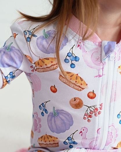 Pink Thanksgiving Print Knit Zipper Pajamas