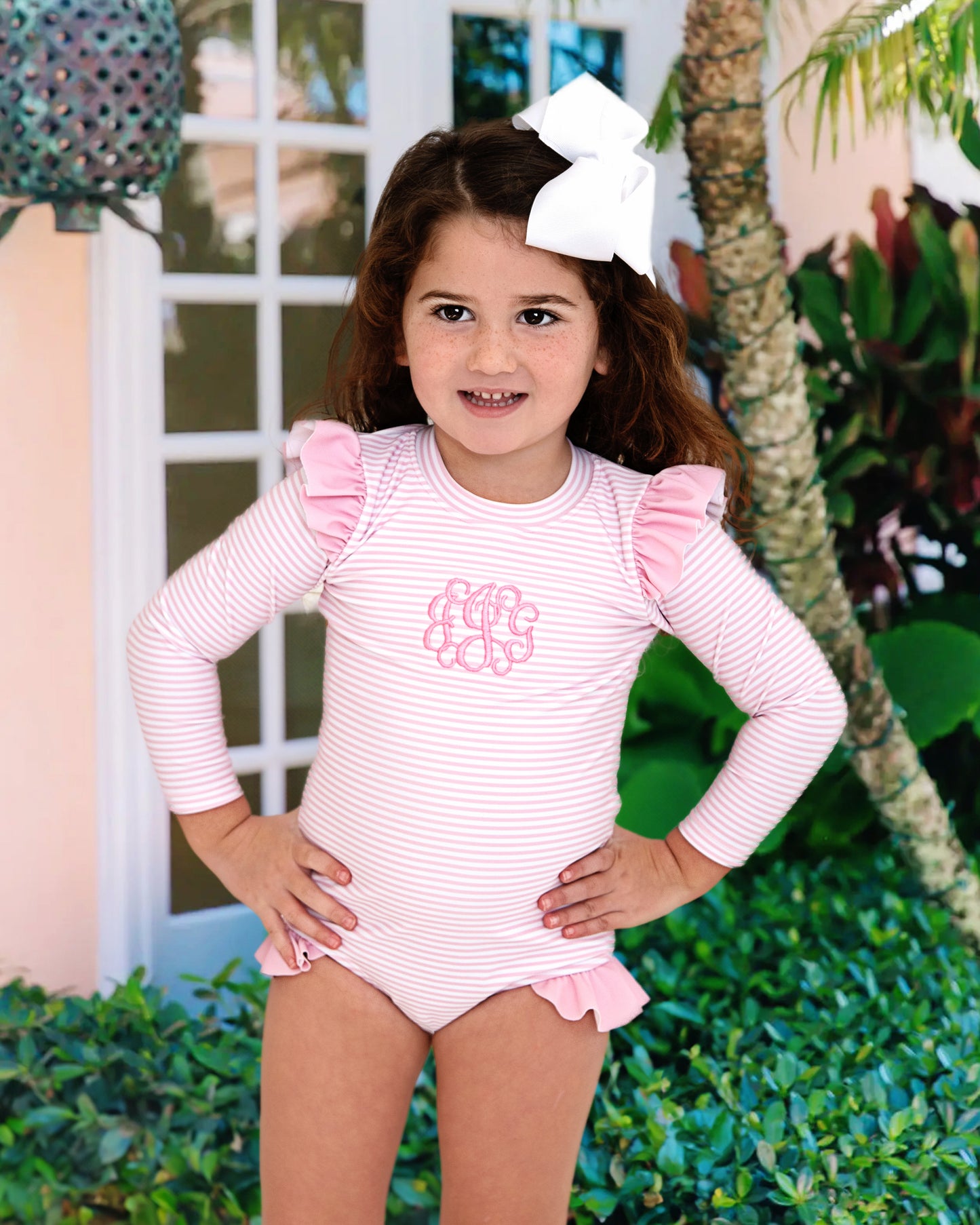 Pink Striped Lycra Rashguard Swimsuit