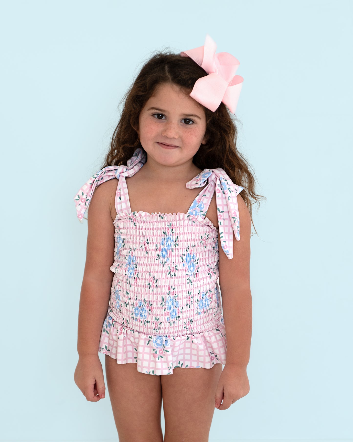 Floral Windowpane Smocked Lycra Shoulder Tie Swimsuit