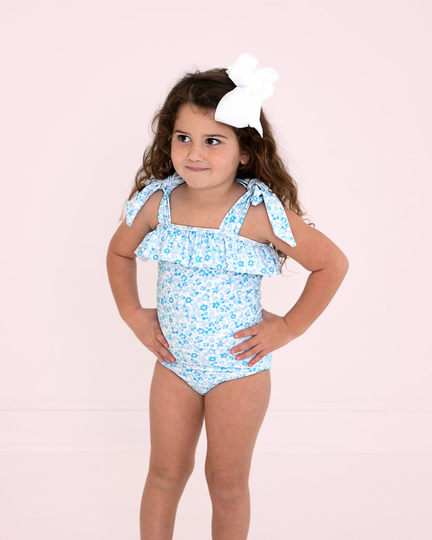 Blue Floral Shoulder Tie Lycra Swimsuit