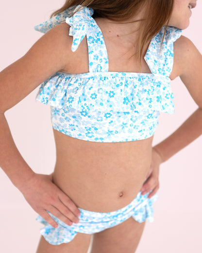 Blue Floral Shoulder Tie Lycra Bikini