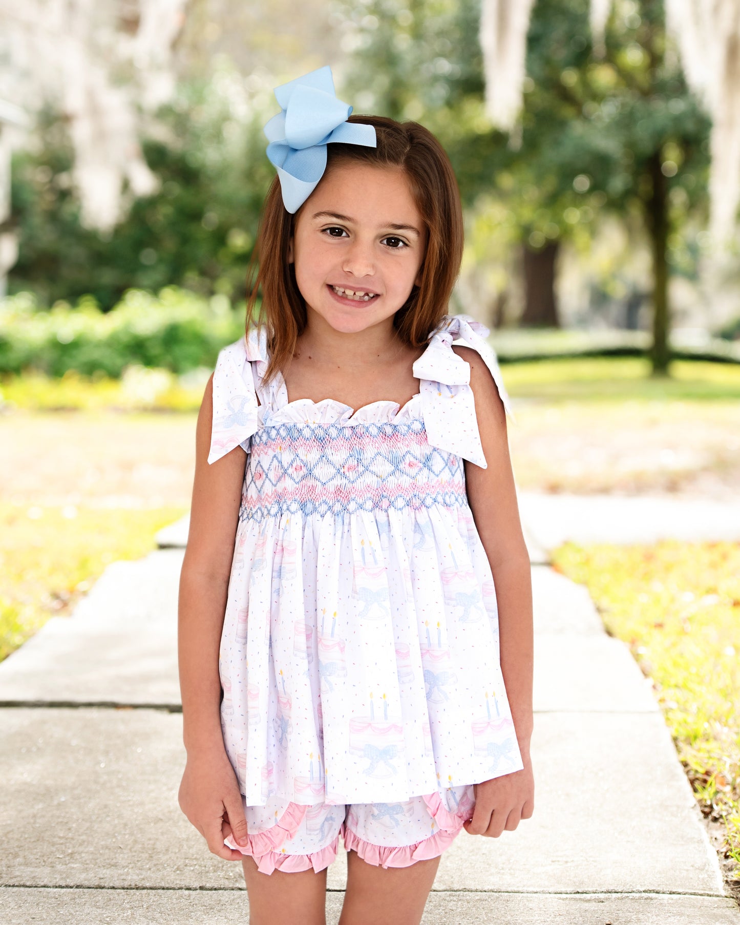 Pink And Blue Smocked Birthday Cake Shoulder Tie Short Set