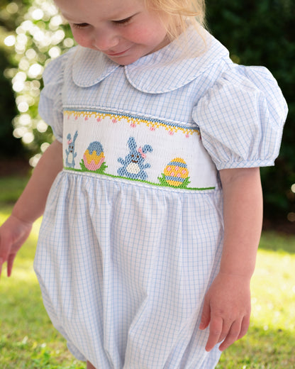 Girl's Blue Windowpane Smocked Bunny And Egg Bubble