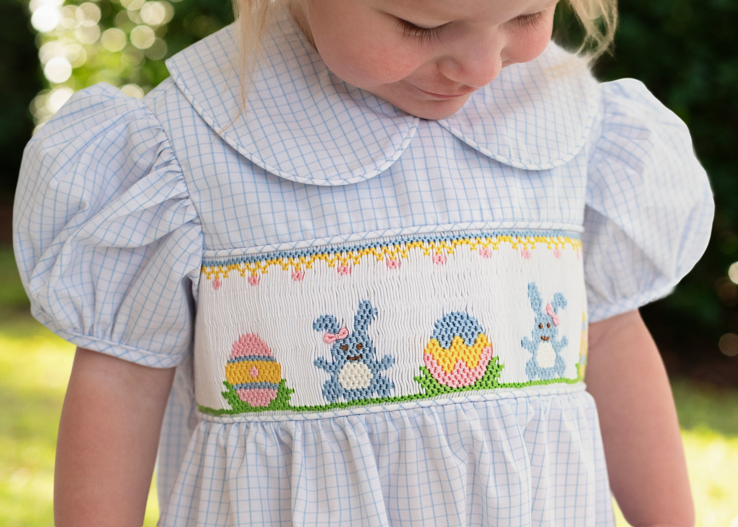 Girl's Blue Windowpane Smocked Bunny And Egg Bubble