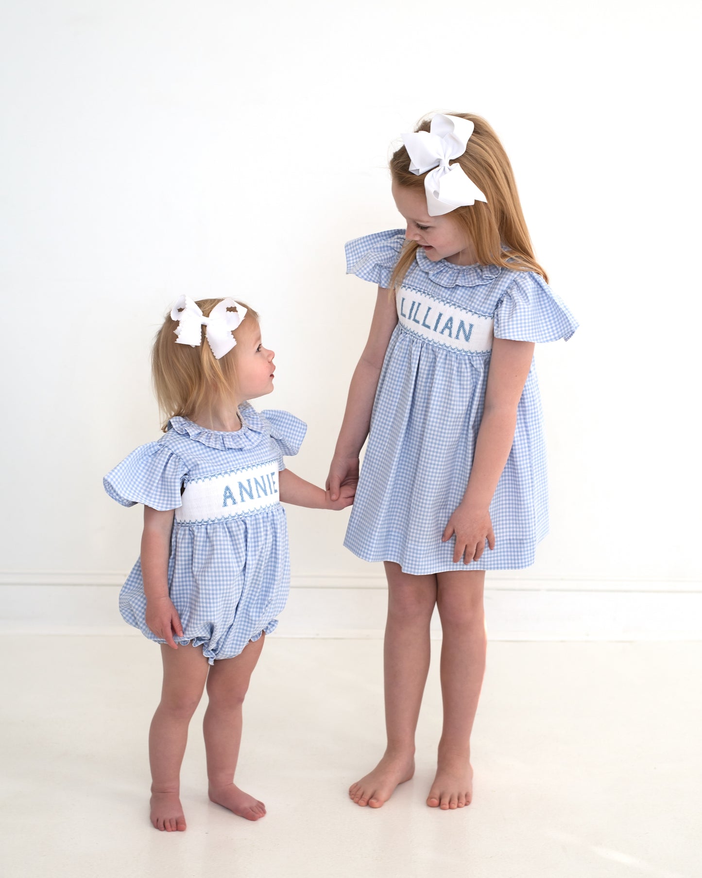 Blue Gingham Custom Smocked Ruffle Bubble