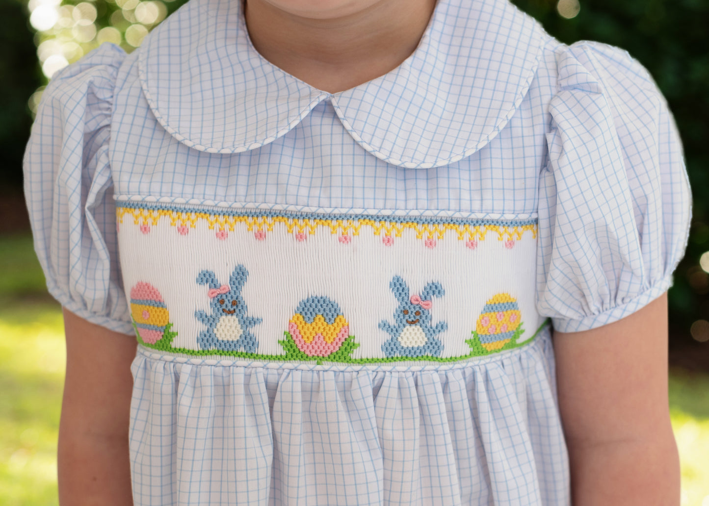 Blue Windowpane Smocked Bunny And Egg Dress