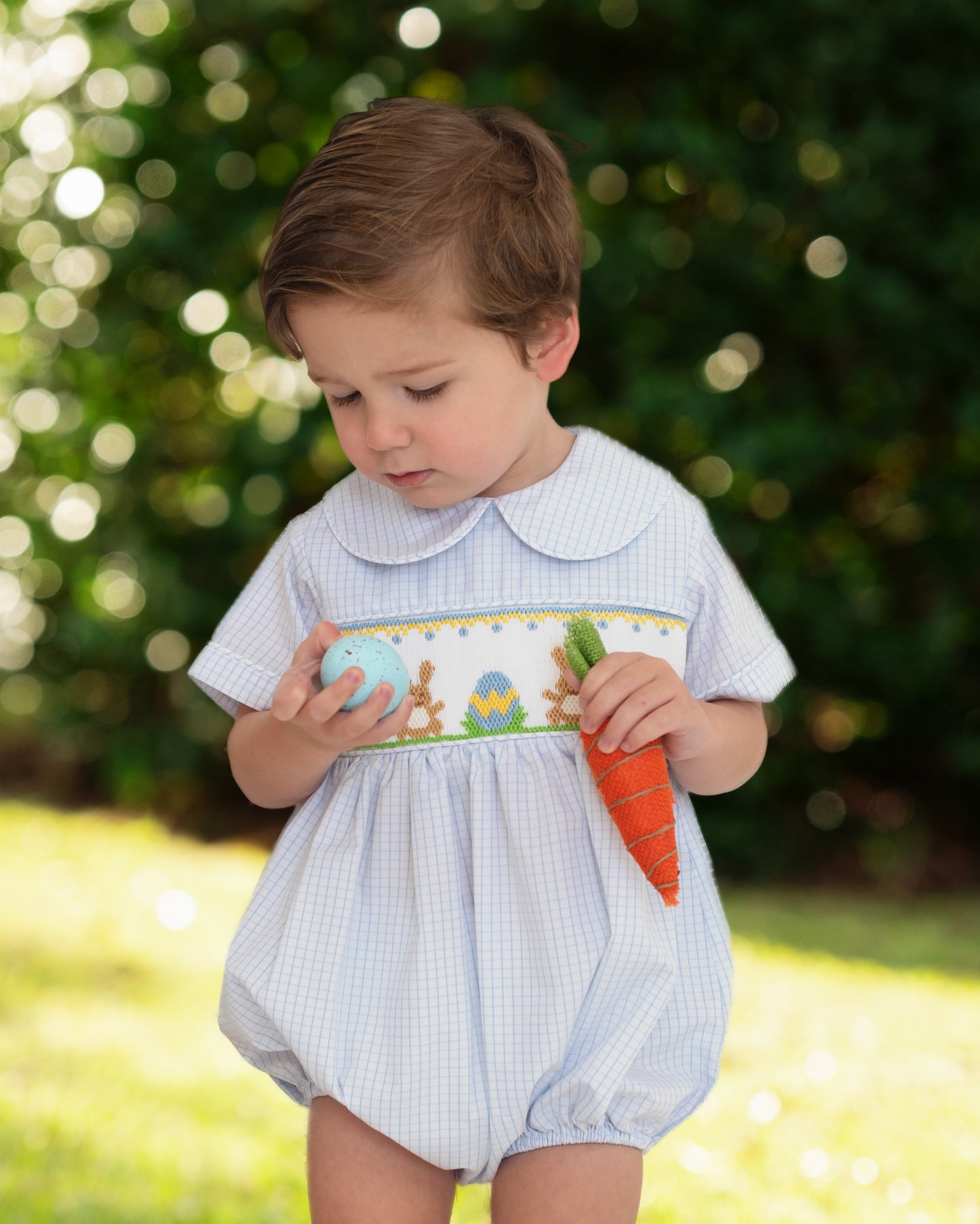 Boy's Blue Windowpane Smocked Bunny And Egg Bubble