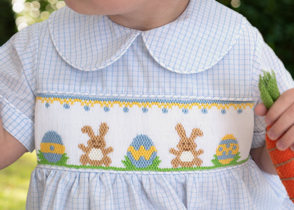 Boy's Blue Windowpane Smocked Bunny And Egg Bubble