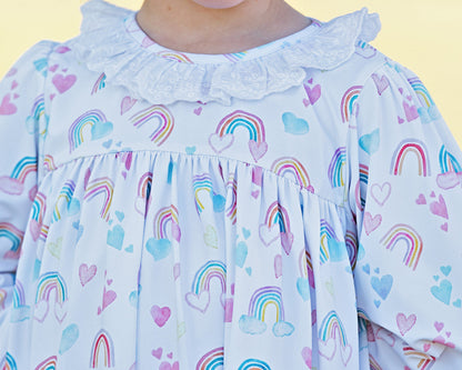 Rainbow And Heart Print Knit Eyelet Dress