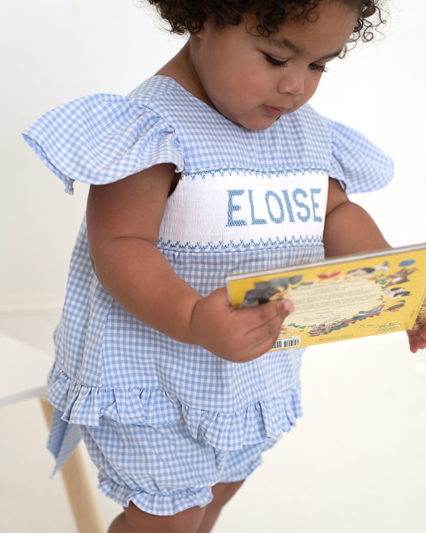 Blue Gingham Custom Smocked Bow Short Set