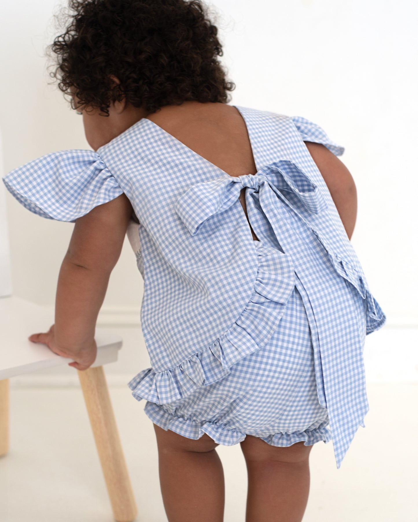 Blue Gingham Custom Smocked Bow Short Set