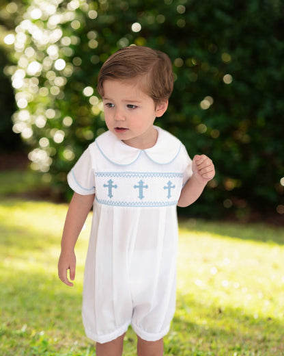 Blue And White Smocked Cross Short Romper