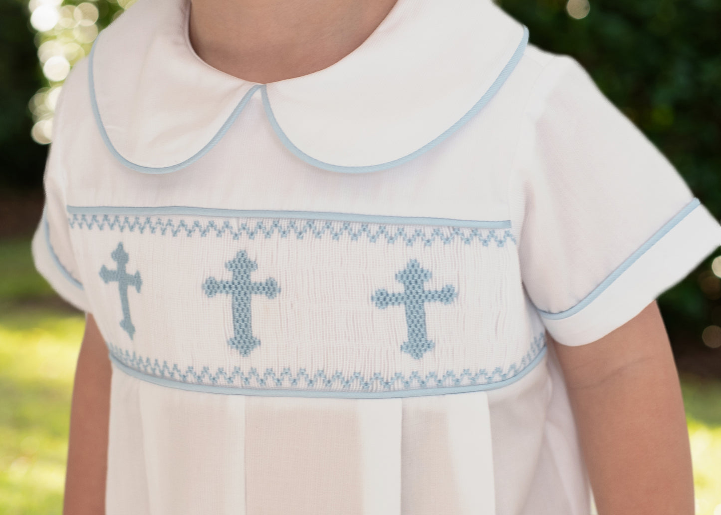 Blue And White Smocked Cross Short Romper