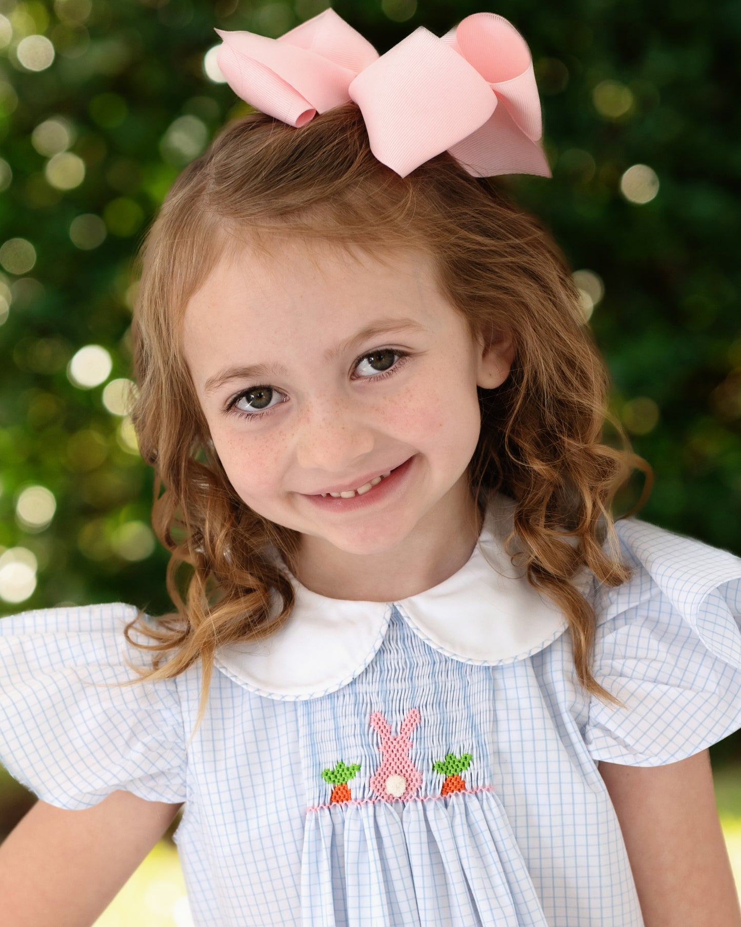 Blue Windowpane Smocked Bunny And Carrot Dress