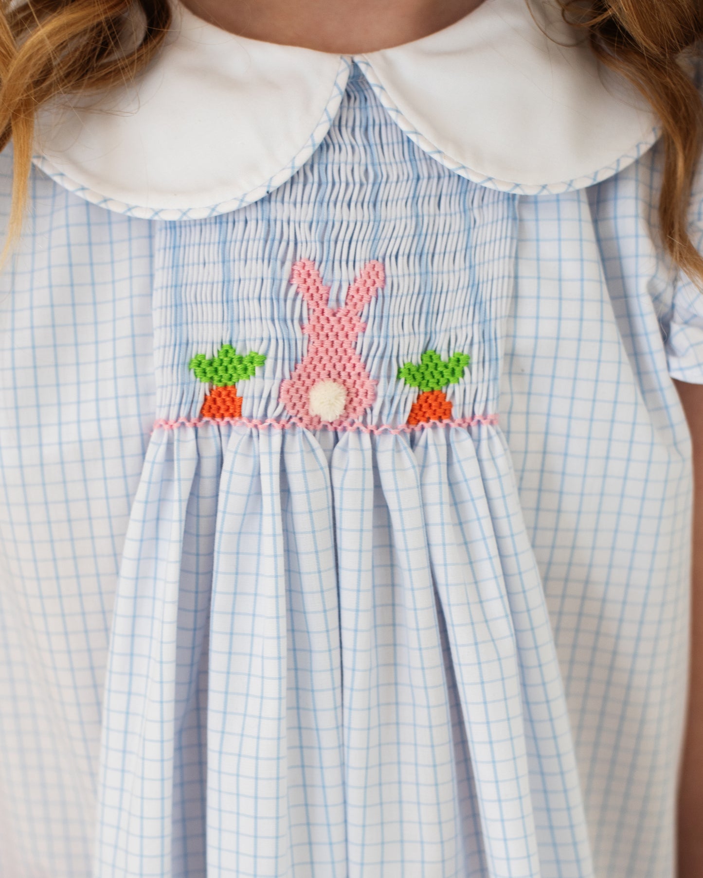 Blue Windowpane Smocked Bunny And Carrot Dress