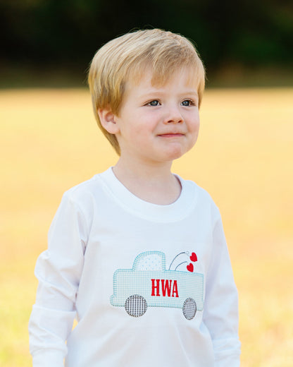 Blue Gingham Corduroy Applique Valentine Truck Pant Set