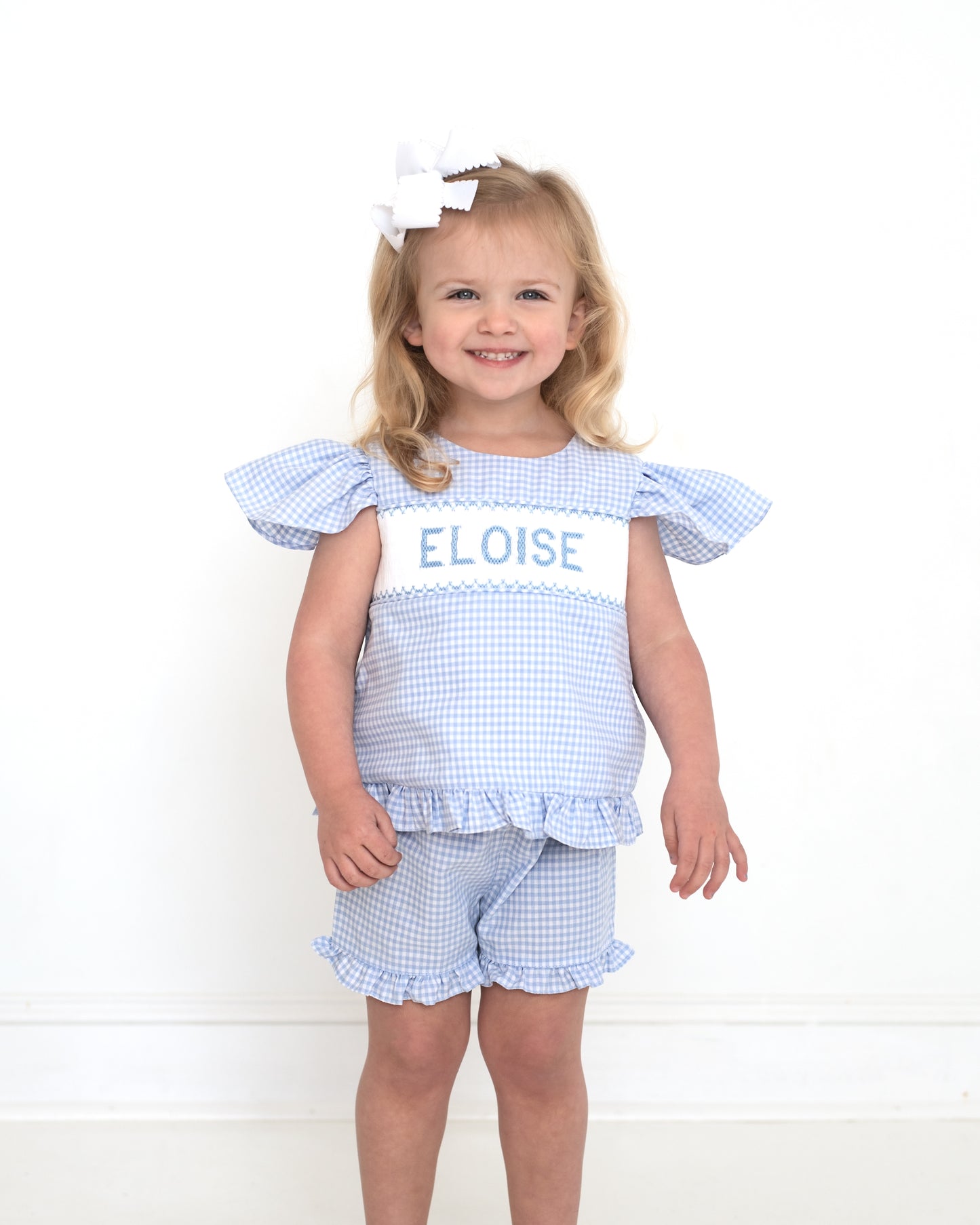 Blue Gingham Custom Smocked Bow Short Set