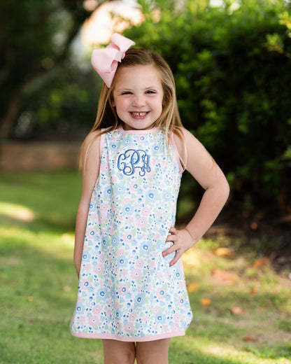 Pink And Blue Floral Print Knit Play Dress