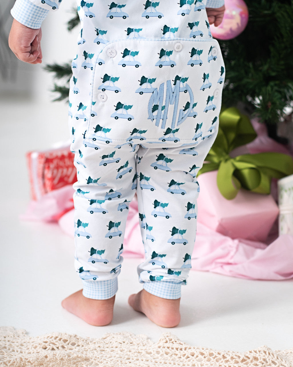 Blue Car And Christmas Tree Knit Zipper Pajamas