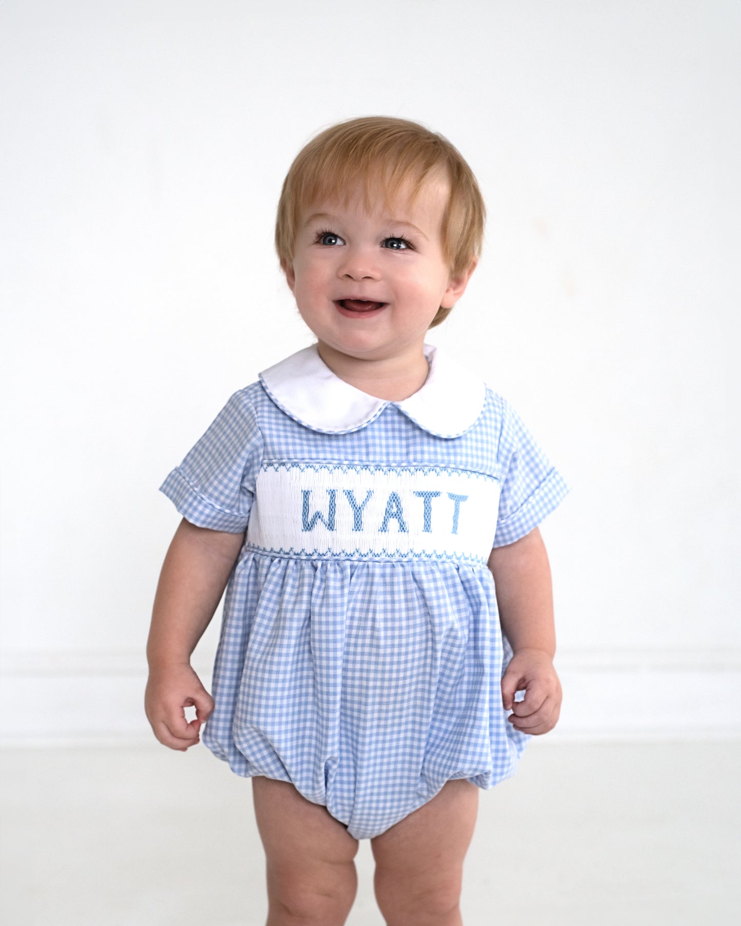 Blue Gingham Custom Smocked Bubble